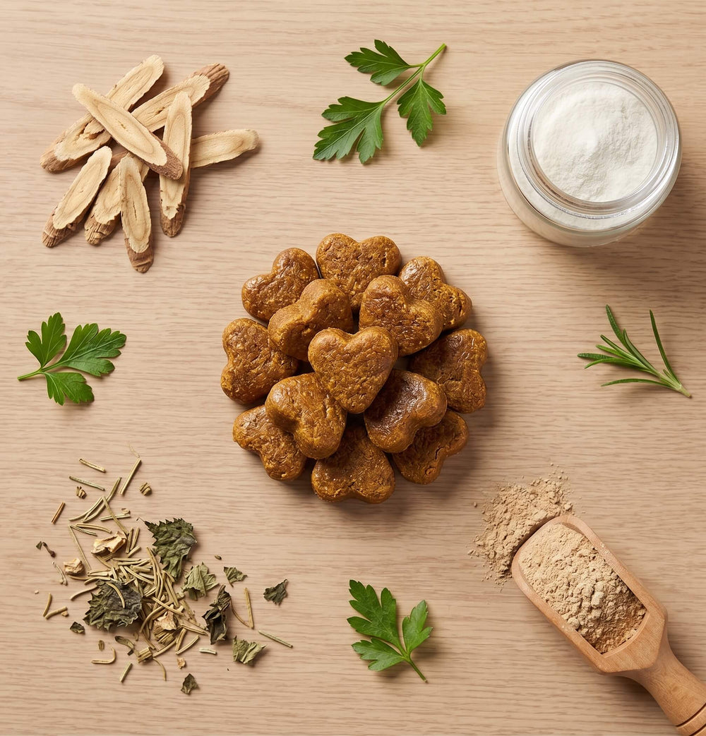 Allergy & Immune Bites Soft Chews in Herzform, daneben Astragalus-Wurzel