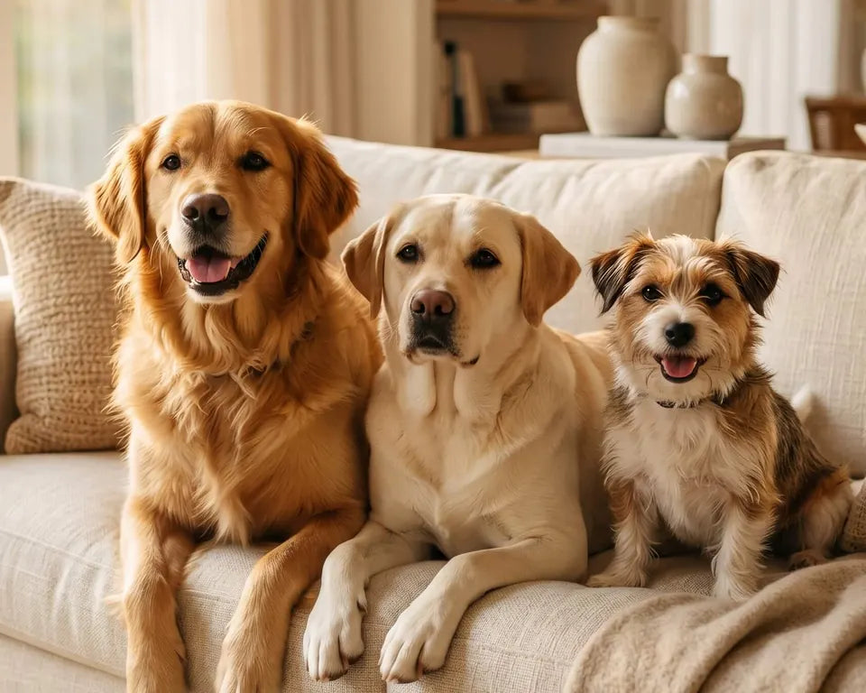 Drei Hunde sitzen nebeneinander auf einem hellen Sofa